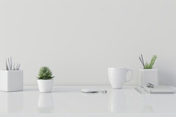 Fototapeta na wymiar Minimalist white desk with potted plant, coffee cup, and office supplies for home office