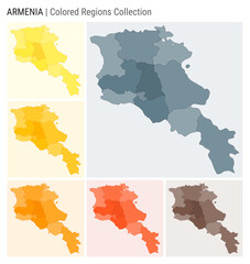 Armenia map collection. Country shape with colored regions. Blue Grey, Yellow, Amber, Orange, Deep Orange, Brown color palettes. Border of Armenia with provinces for your infographic.