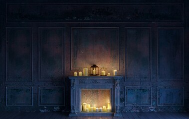 Fireplace and candles in an abandoned castle - obrazy, fototapety, plakaty