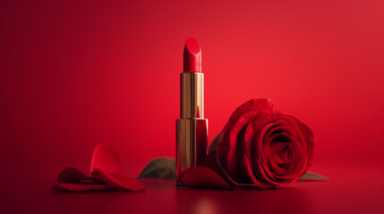 Obraz na płótnie Canvas A red lipstick with red rose and red background for advertisement work