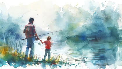 A man and a boy are fishing in a lake - obrazy, fototapety, plakaty