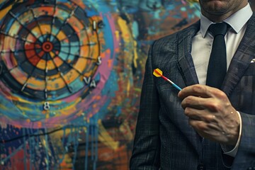 Businessman aiming dart at target, concept of achieving business goals, art collage