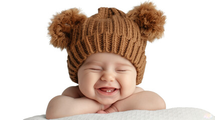 Cute baby in a hat with ears on transparent