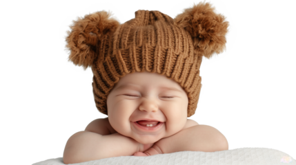 Cute baby in a hat with ears on transparent