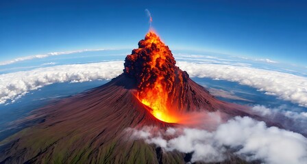 A volcano erupting with lava flowing down its side.