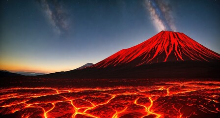 Red Volcano with Flowing Lava