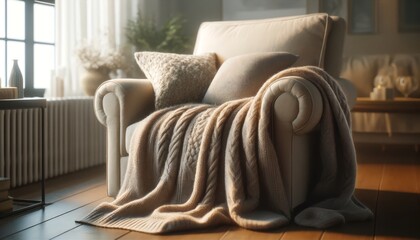 Close-Up: Cozy Woolen Blanket Draped Over a Comfortable Armchair with a Soft Pillow