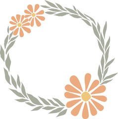 Orange daisy flower with leaves wreath illustration for decoration on nature garden, Autumn seasonal and romance concept.
