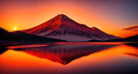 A mountain with a red sky in the background.