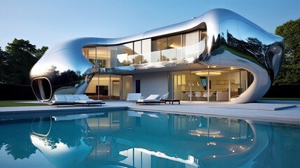 A large, modern house with a pool and a large glass window