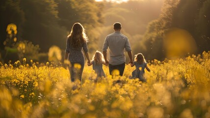 A family of four is walking through a field of yellow flowers - obrazy, fototapety, plakaty