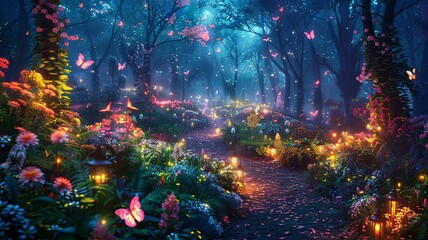 A forest with many butterflies and flowers