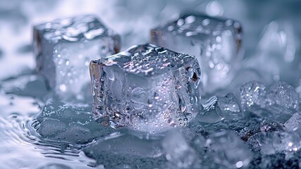 Three ice cubes are on top of a body of water