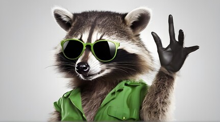 Funny raccoon in green sunglasses showing a rock gesture isolated on white background. generative.ai