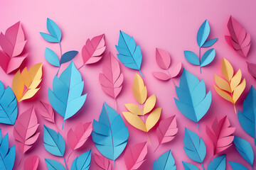 Paper Leaves Scatter on Pink Background