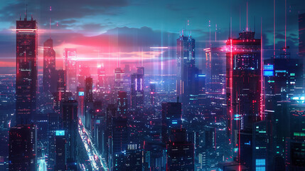 A cluster of high-rise buildings illuminated by a sea of light is a visual reflection of continuous communication and access to wireless networks.