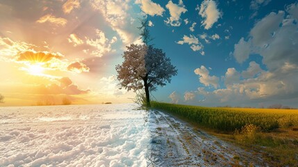 Banner showcasing contrast between summer and winter seasons in climate change timeline