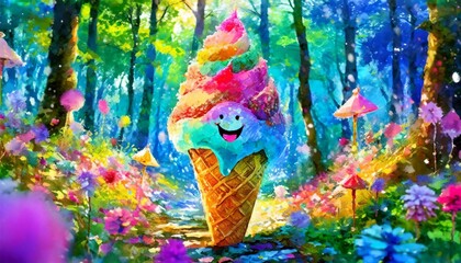  an anthropomorphic ice cream cone character standing in an enchanted forest. 