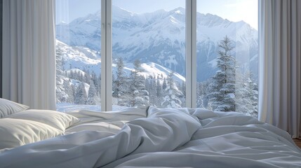 bedroom with white messy bedding and big window with view to beautiful. Summer, travel, vacation, holiday, mindfulness, relax, recreation, hotel, sleep