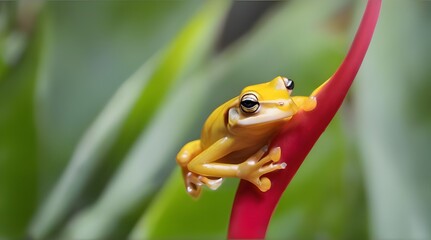 Close-up of a yellow frog on a heliconia plant. Generative AI
