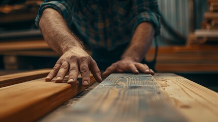 close up man owner a small furniture business is preparing wood for production. carpenter male is adjust wood to the desired size. architect, designer
