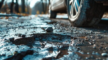 car wheels running and closed up Very bad quality street with potholes. have tree. Damaged asphalt pavement road with potholes in city, dangerous, broken, garage