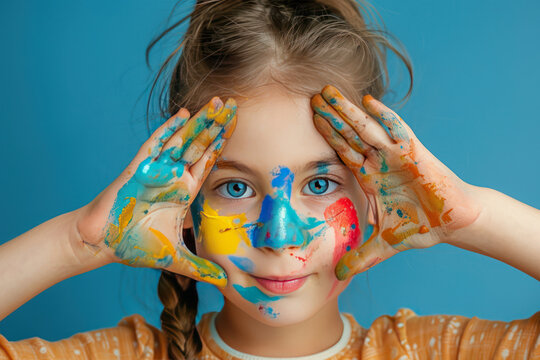 Young Girl With Painted Hands Covering Her Face