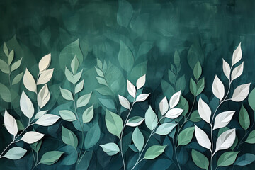 Painting of Leaves on Green Background