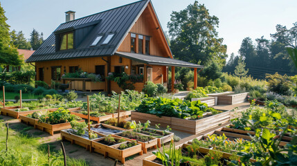 Wooden house with vegetable garden. Exterior and garden beds (wooden). Summer time. Germany / Sweden / Poland / Russia