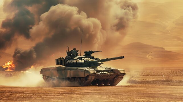 Armored tank navigates minefield in desert war invasion  epic scene of fire in wide poster design