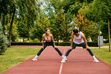 sporty people stretching, showcasing determination and motivation with their personal trainer.
