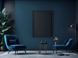 Fototapeten Blue livingroom - modern interior and rich furniture design. Mockup for art - empty painted navy dark black wall. Deep cobalt chair and blank cyan background. Luxury premium lounge hall. 3d render © STOCK LAND