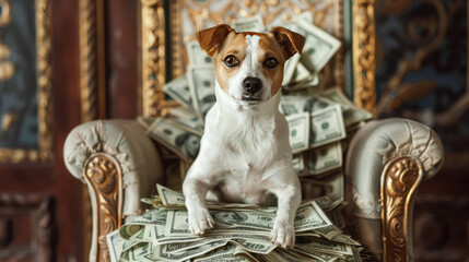 Dog Sitting on Chair With Pile of Money