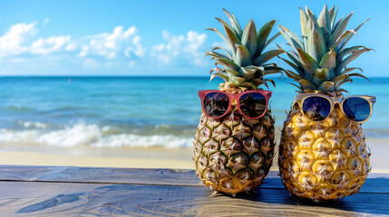 Two Pineapples Wearing Sunglasses on a Beach