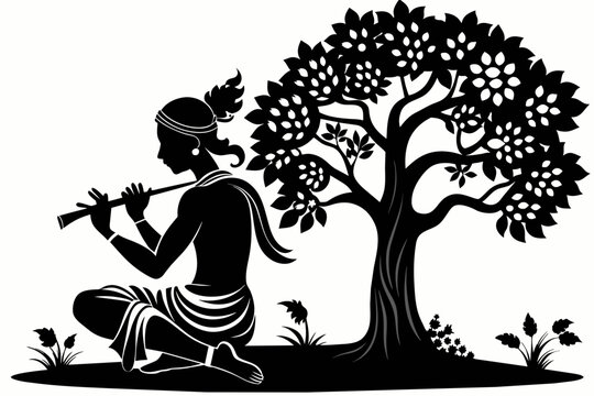 recommend clip art: Hindu god Krishna sitting under a tall tree  with flute black silhouette on an white background