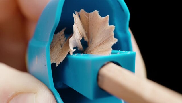 A wooden pencil is sharpened in a blue plastic sharpener, close-up.