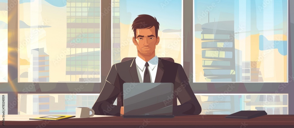 Canvas Prints Man sitting at a desk in professional attire, focused on using a laptop for work