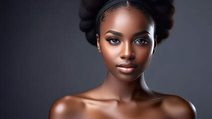 Beauty portrait of African American girl with afro hair on dark background. Beautiful black woman. Cosmetics, makeup and fashion. Young elegant African American woman with afro hair. Glamour makeup - obrazy, fototapety, plakaty