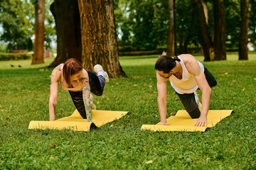A man and woman in sportswear engage in partner yoga poses with determination and motivation during an outdoor session.