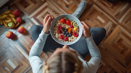 The picture shows how the athletic lady enjoys her morning meal, preferring muesli with fresh fruits, which demonstrates her desire for a healthy lifestyle and balancing nutrition.