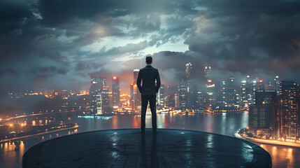  A businessman on the roof looks at the city, permeated with a flicker of light and movement, and his presence there seems to symbolize his readiness for further growth and development.