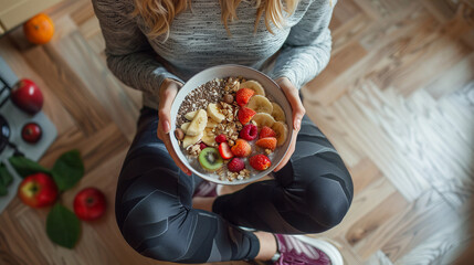 A sporty woman enjoys breakfast muesli with fruits, showing her commitment to a healthy lifestyle and attention to quality nutrition, which makes her image focused on taking care of herself.