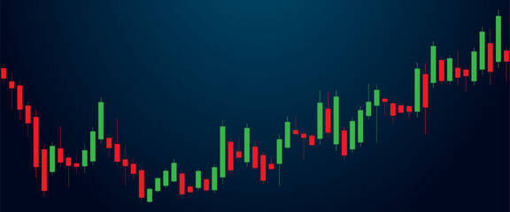 Trading candlestick chart of stock finance on a dark background. Bullish point, uptrend of the chart. Stock market candlesticks in green and red. Vector illustration.