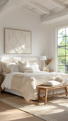 White bedroom interior with wooden bed and white bedding.