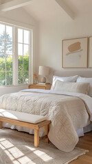 interior of modern bedroom with white linens, pillows and wooden bed