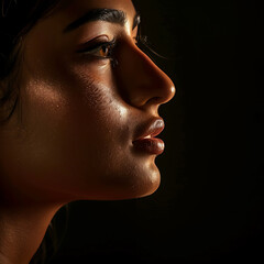 Portrait of a beautiful woman with golden makeup on a black background