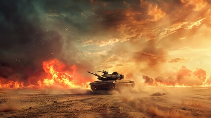 Armored tank crosses desert minefield in epic war invasion scene with fire, wide poster design