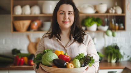 Happy confident overweight woman with salad bowl , Healthy food concept . starting diet .