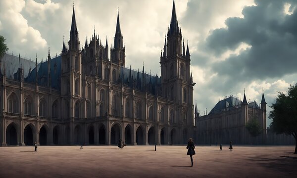 A large, gothic style cathedral with tall spires and a large clock tower. The cathedral is surrounded by a courtyard
