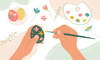 Top view man's hands coloring Easter eggs.Preparing for Easter.Flat style.Vector stock illustration.